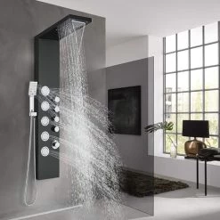 SUGUWORD Shower Panel Tower With 4 Functions Rainfall And Waterfall Head Massage Jet 3-Types Hand Shower Can Working At The Same Time Black Shower System Wall Mounted