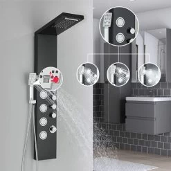 SUGUWORD Shower Panel Tower With 4 Functions Rainfall And Waterfall Head Massage Jet 3-Types Hand Shower Can Working At The Same Time Black Shower System Wall Mounted 7 SUGUWORD Shower Panel Tower With 4 Functions Rainfall And Waterfall Head Massage Jet 3-Types Hand Shower Can Working At The Same Time Black Shower System Wall Mounted -Elegant Store 71582364 3