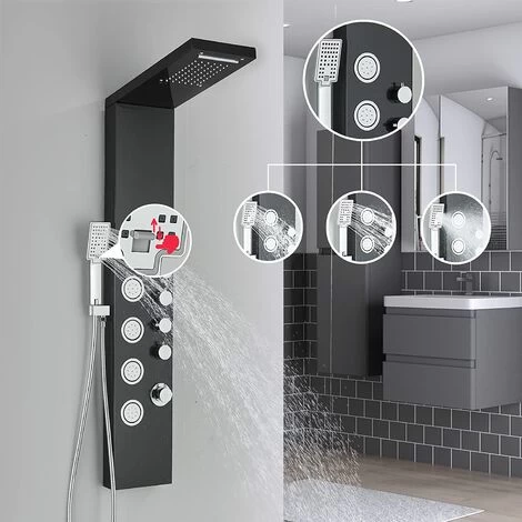 SUGUWORD Shower Panel Tower With 4 Functions Rainfall And Waterfall Head Massage Jet 3-Types Hand Shower Can Working At The Same Time Black Shower System Wall Mounted 3 SUGUWORD Shower Panel Tower With 4 Functions Rainfall And Waterfall Head Massage Jet 3-Types Hand Shower Can Working At The Same Time Black Shower System Wall Mounted - Image 3