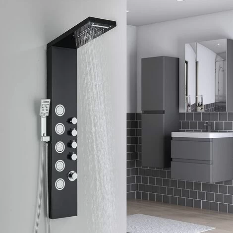 SUGUWORD Shower Panel Tower With 4 Functions Rainfall And Waterfall Head Massage Jet 3-Types Hand Shower Can Working At The Same Time Black Shower System Wall Mounted 5 SUGUWORD Shower Panel Tower With 4 Functions Rainfall And Waterfall Head Massage Jet 3-Types Hand Shower Can Working At The Same Time Black Shower System Wall Mounted - Image 5
