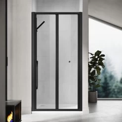 ELEGANT 900mm Bi-Fold Shower Door Reversible Folding Glass Inner Opening Design Shower Enclosure Cubicles Door Matt Black Frame