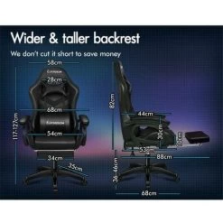 ELFORDSON Gaming Chair With RGB LED Light 8-Point Massage, Black -Elegant Store 77660633 3