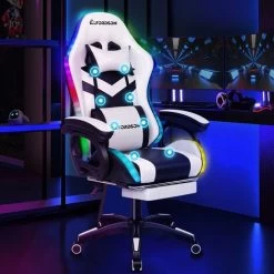 ELFORDSON Gaming Chair With RGB LED Light 8-Point Massage, White & Black