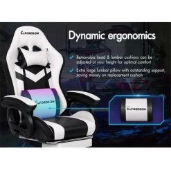 ELFORDSON Gaming Chair With RGB LED Light 8-Point Massage, White & Black -Elegant Store 77707044 4