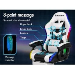 ELFORDSON Gaming Chair With RGB LED Light 8-Point Massage, White & Black -Elegant Store 77707044 5