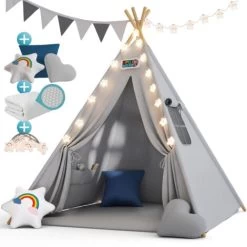 Spielwerk Children's Teepee Tent Fairy Lights Kid's 2.5cm Floor Play Mat 3 Pillows Cotton Carry Bag Tipi Playhouse Indoor 120x120x160cm Wigwam Blue
