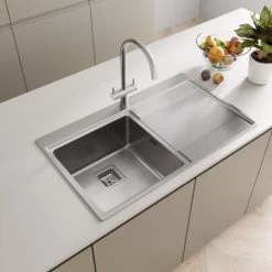 Sauber 1.0 Bowl Kitchen Sink Stainless Steel Square Inset Right Drainer Waste