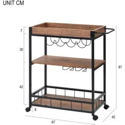 Kitchen Trolley Cart 3-Tier Kitchen Island With Removable Tray, Wine Rack, Glass Hanger, Rustic Brown -Elegant Store 80868871 5