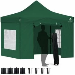 VOUNOT 3x3m Heavy Duty Gazebo With 4 Sides, Pop Up Gazebo Fully Waterproof Party Tent With Roller Bag And Leg Weights, Green
