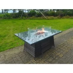 Fimous Dark Grey Mixed Rattan Fire Pit Table Dining Table Gas Heater Burner Garden Furniture Accessory Patio -Elegant Store 84871008 4