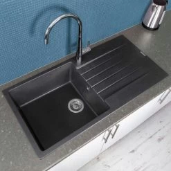 Reginox Harlem10 Kitchen Sink Single Bowl Black Granite Reversible Drainer Waste -Elegant Store 8917204 3