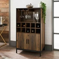 Wine Cabinet Drink Bottle Storage Unit Glass Door 10 Shelves 2 Doors Rustic Oak