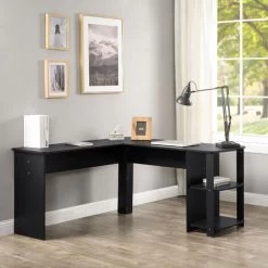 Corner Desk L-Shaped Computer Desk With 2-Tier Shelves, Workstation Gaming Desk Home Office Desk, Black