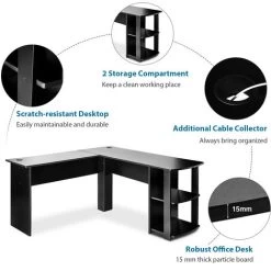Corner Desk L-Shaped Computer Desk With 2-Tier Shelves, Workstation Gaming Desk Home Office Desk, Black -Elegant Store 89944709 3
