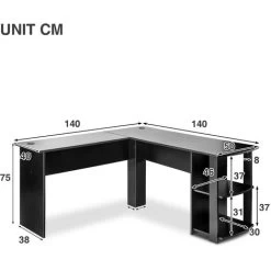 Corner Desk L-Shaped Computer Desk With 2-Tier Shelves, Workstation Gaming Desk Home Office Desk, Black -Elegant Store 89944709 5