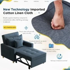 YODOLLA Convertible Sofa Bed 3-in-1 Pull Out Arm Chair Folding Recliner Sleeper Single Bed For Adults, Navy -Elegant Store 90573632 4