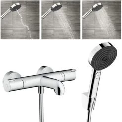 Hansgrohe Ecostat Set Thermostatic Bath/shower Mixer + Hand Shower 105mm 3 Jets + Shower Hose 125cm + Wall Bracket, Chrome