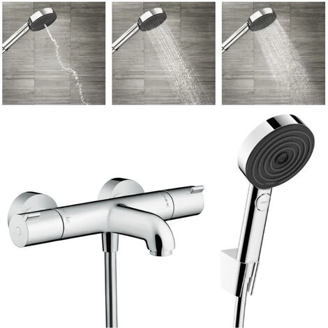 Hansgrohe Ecostat Set Thermostatic Bath/shower Mixer + Hand Shower 105mm 3 Jets + Shower Hose 125cm + Wall Bracket, Chrome 1 Hansgrohe Ecostat Set Thermostatic Bath/shower Mixer + Hand Shower 105mm 3 Jets + Shower Hose 125cm + Wall Bracket, Chrome
