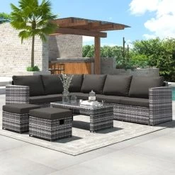 Rattan Garden Furniture Set 8 Seater Rattan Sofa Patio Garden Corner Sofa Set Garden Lounge With Coffee Table & 2 Stools