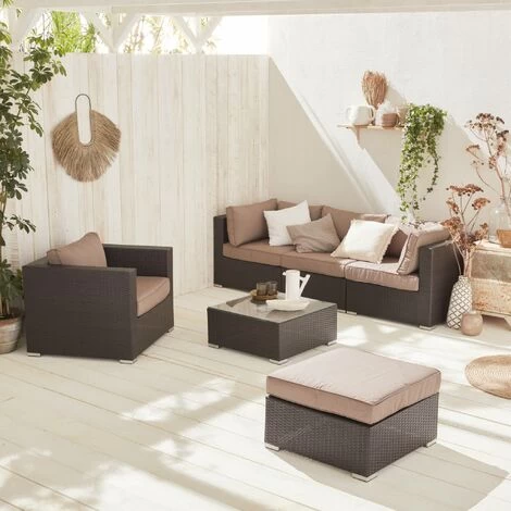 Ready Assembled 5-seater Polyrattan Garden Sofa Set - Sofa, Armchair, Coffee Table - Caligari - Brown Rattan, Chocolate Cushions 1 Ready Assembled 5-seater Polyrattan Garden Sofa Set - Sofa, Armchair, Coffee Table - Caligari - Brown Rattan, Chocolate Cushions