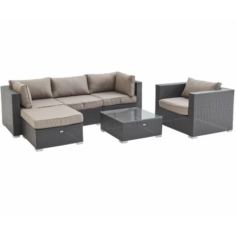 Ready Assembled 5-seater Polyrattan Garden Sofa Set - Sofa, Armchair, Coffee Table - Caligari - Brown Rattan, Chocolate Cushions 2 Ready Assembled 5-seater Polyrattan Garden Sofa Set - Sofa, Armchair, Coffee Table - Caligari - Brown Rattan, Chocolate Cushions - Image 2