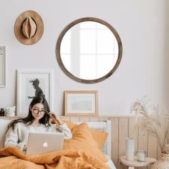 Morley Round Wood Wall Mirror 80 X 80 Cm Dark Rustic Oak -Elegant Store 92105606 5