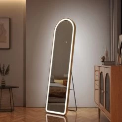 EMKE Freestanding Arched Mirror Full Length With LED Lights Tri-Colour Dimmable Dressing Mirror 160x45cm White Gold