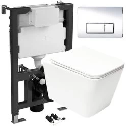 Wall Hung Rimless Square Toilet Pan & Seat With 0.82m - 1.0m Low Height Concealed Cistern WC Frame