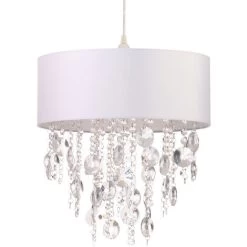 Elegant Store 39 Litecraft Light Shade 39 Cm Drum Lampshade With Crystal Effect Pendants - White