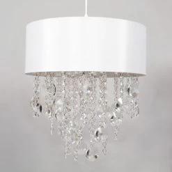 Litecraft Light Shade 39 Cm Drum Lampshade With Crystal Effect Pendants - White -Elegant Store 92765375 3
