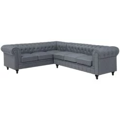Right Hand Corner Sofa L-Shaped Button Tufted 5 Seater Grey Fabric Chesterfield