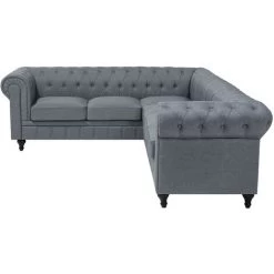 Right Hand Corner Sofa L-Shaped Button Tufted 5 Seater Grey Fabric Chesterfield -Elegant Store 9482757 4