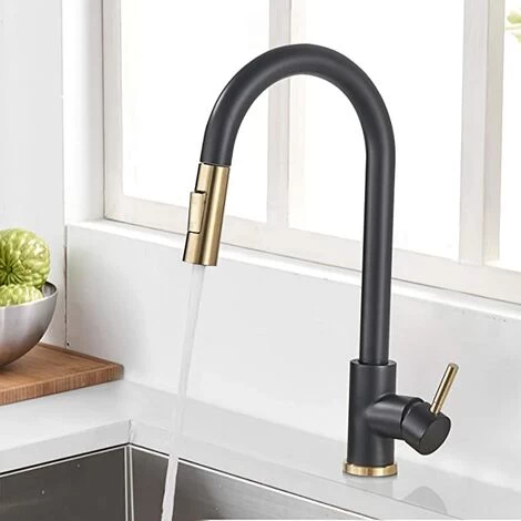 Black + Gold Brushed Swivel Kitchen Faucet With 2 Spray Modes Sink Faucet Single Lever Kitchen Faucet 1 Black + Gold Brushed Swivel Kitchen Faucet With 2 Spray Modes Sink Faucet Single Lever Kitchen Faucet