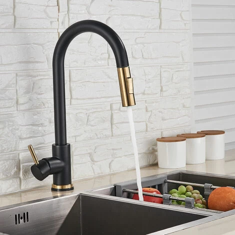 Black + Gold Brushed Swivel Kitchen Faucet With 2 Spray Modes Sink Faucet Single Lever Kitchen Faucet 3 Black + Gold Brushed Swivel Kitchen Faucet With 2 Spray Modes Sink Faucet Single Lever Kitchen Faucet - Image 3