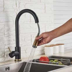 Black + Gold Brushed Swivel Kitchen Faucet With 2 Spray Modes Sink Faucet Single Lever Kitchen Faucet 8 Black + Gold Brushed Swivel Kitchen Faucet With 2 Spray Modes Sink Faucet Single Lever Kitchen Faucet -Elegant Store 95043459 4