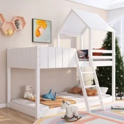 Bunk Bed, Loft Bed With Ladder And Guard Rail, Mid-Sleeper Cabin Bed, 3 FT Single Treehouse Canopy, Shaped With Space-Saving Design For Children& Kids Home (White-90190 Cm)