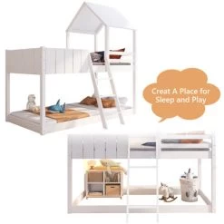 Bunk Bed, Loft Bed With Ladder And Guard Rail, Mid-Sleeper Cabin Bed, 3 FT Single Treehouse Canopy, Shaped With Space-Saving Design For Children& Kids Home (White-90190 Cm) -Elegant Store 98639097 3